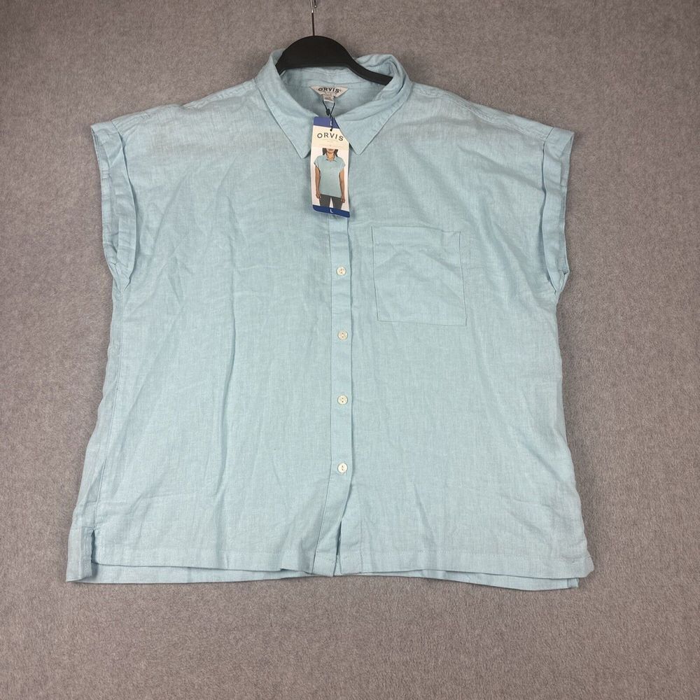 Orvis Shirt Womens L Blue Button Up Linen Rayon Blend Cap Sleeve Lightweight NWT
